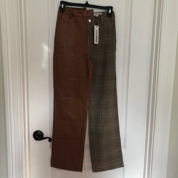 Steve Madden Women’s Dual Tone Pants Straight Leg Plaid One Side Brown Size 24 - Picture 1 of 12
